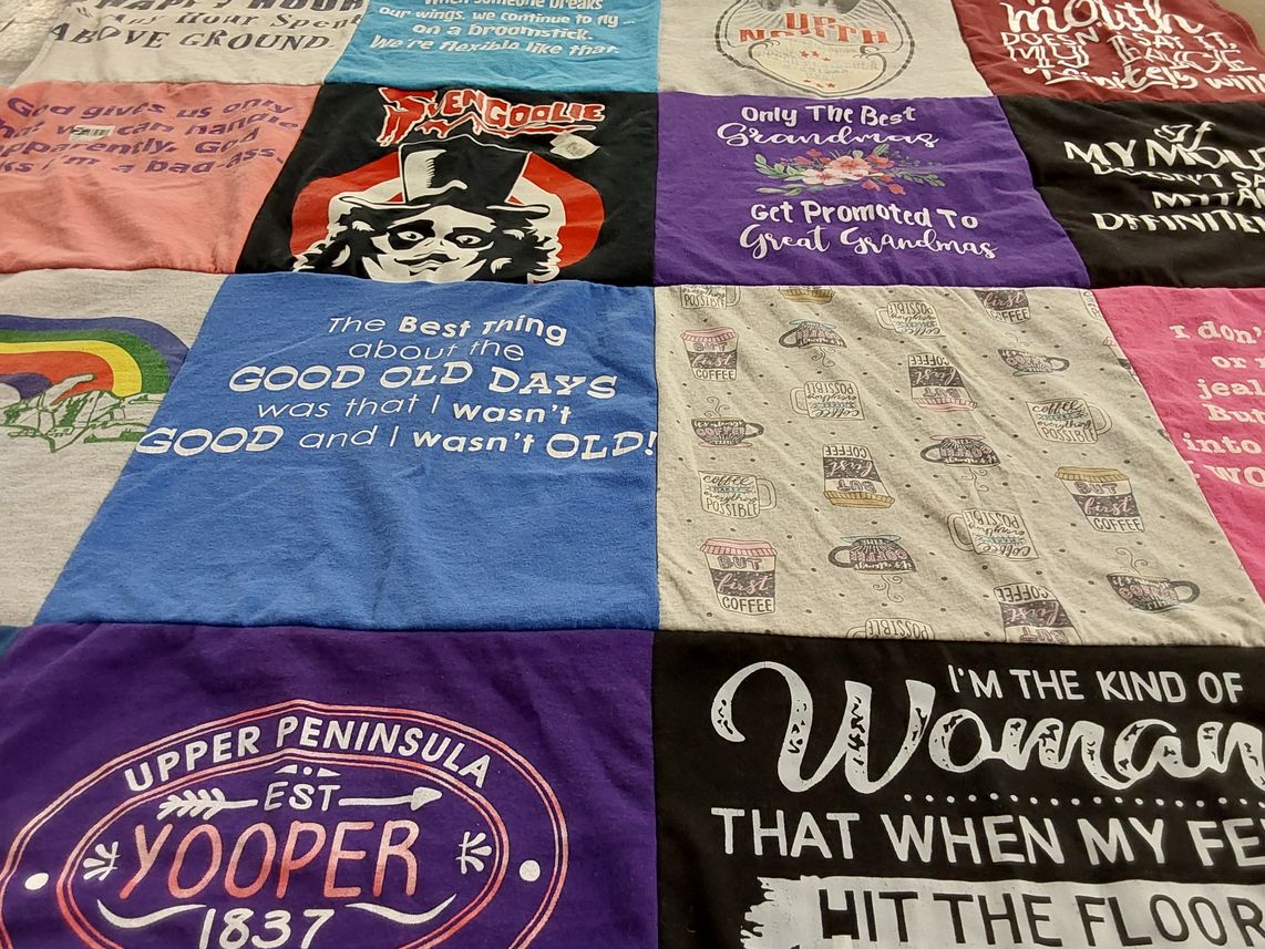 T-shirt quilt with coffee, grandparenting themes by Patricia from MI