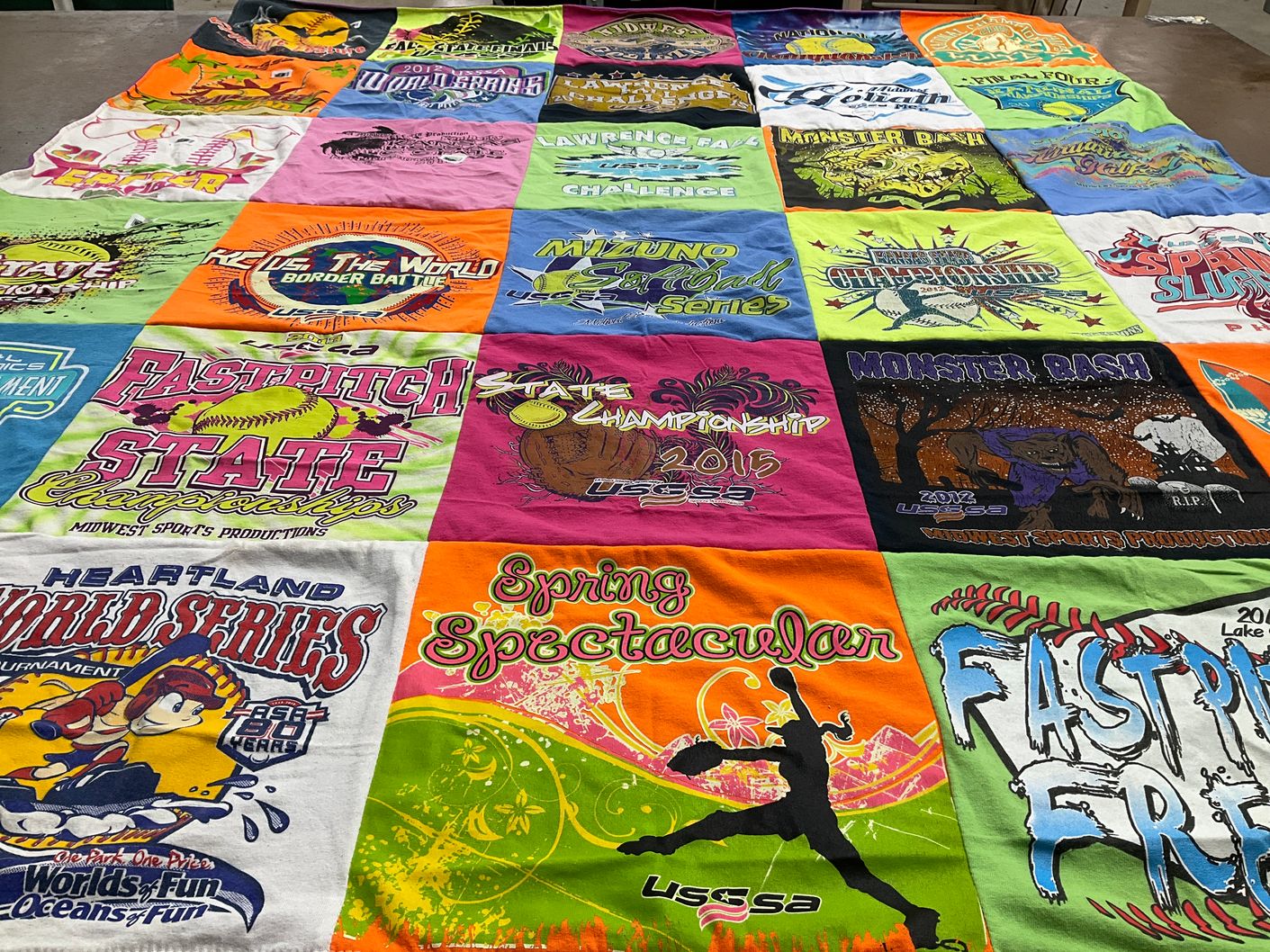 T-shirt quilt with softball, sports themes by Rachelle from KS