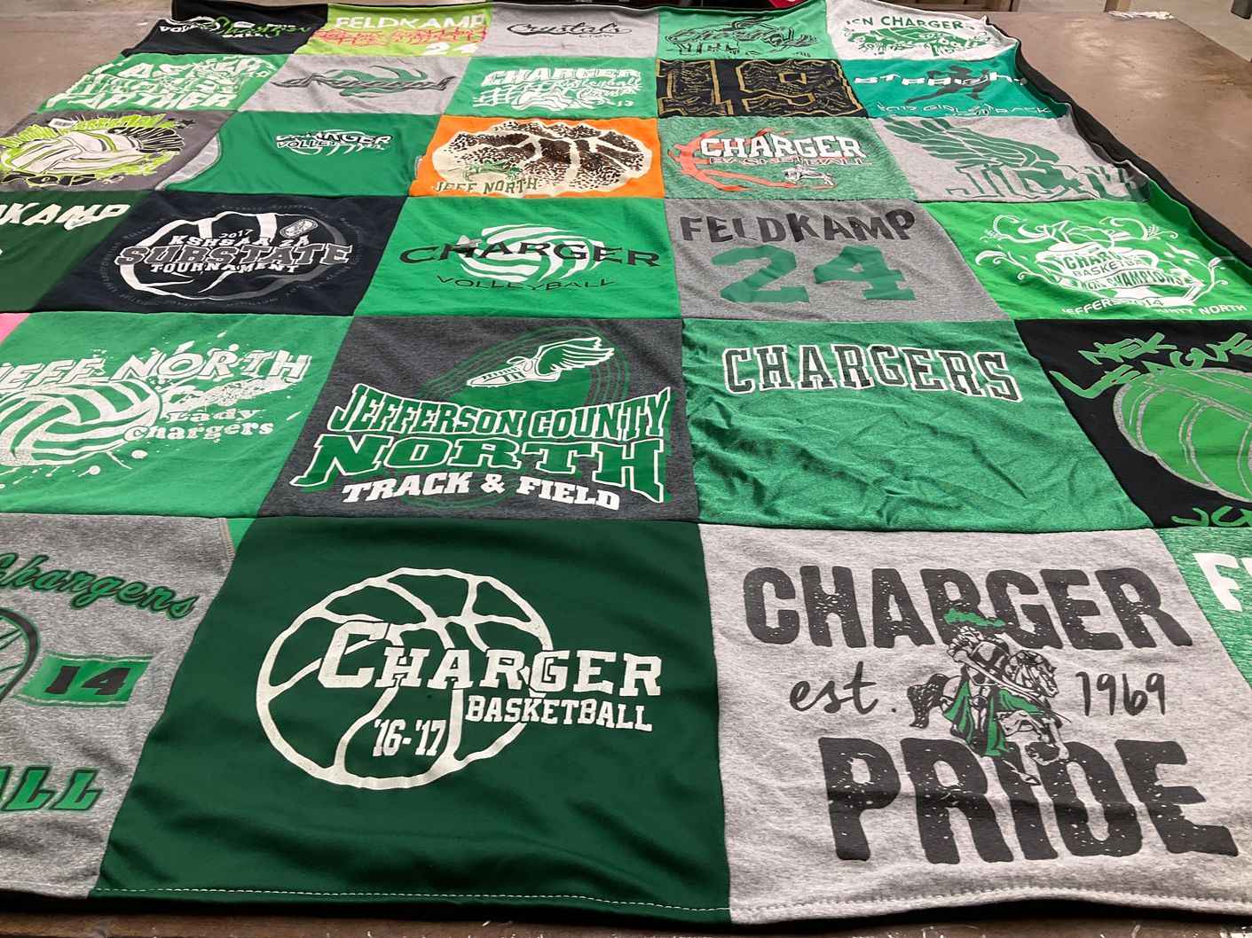T-shirt quilt featuring jefferson county north chargers by Rachelle from KS
