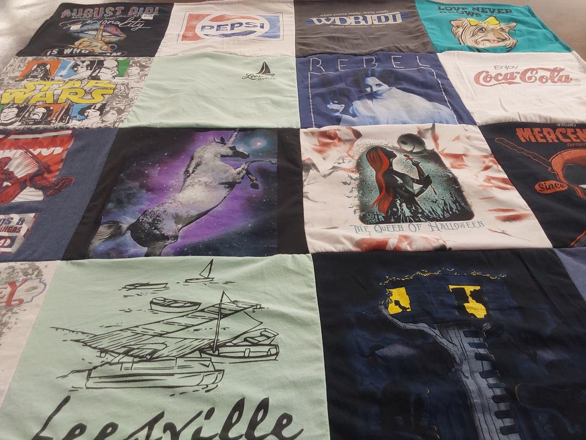 T-shirt quilt with halloween, unicorns themes by Judy from VA