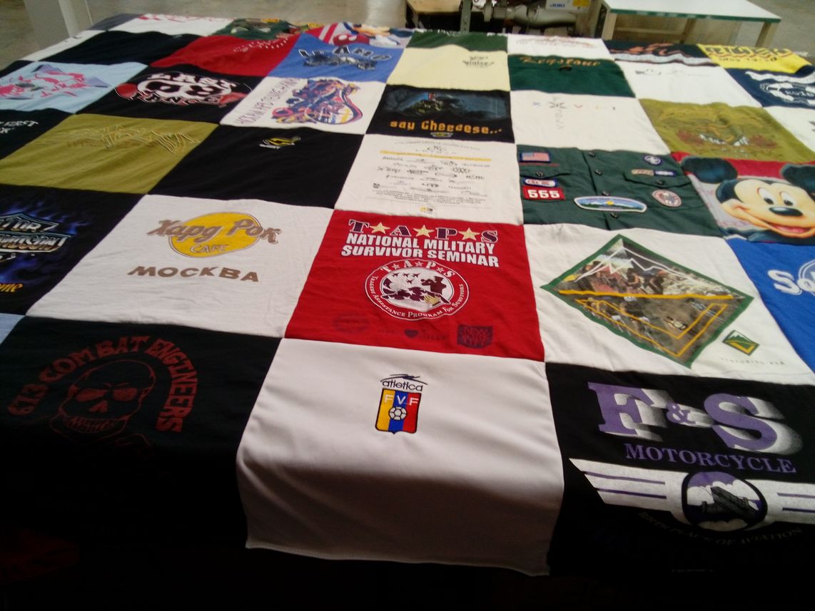 T-shirt quilt with military service, travel themes by Anna from ID