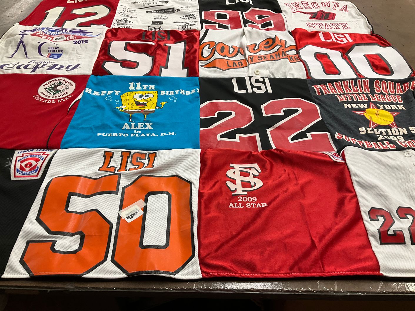 T-shirt quilt with softball, birthday themes by Joanne from NY