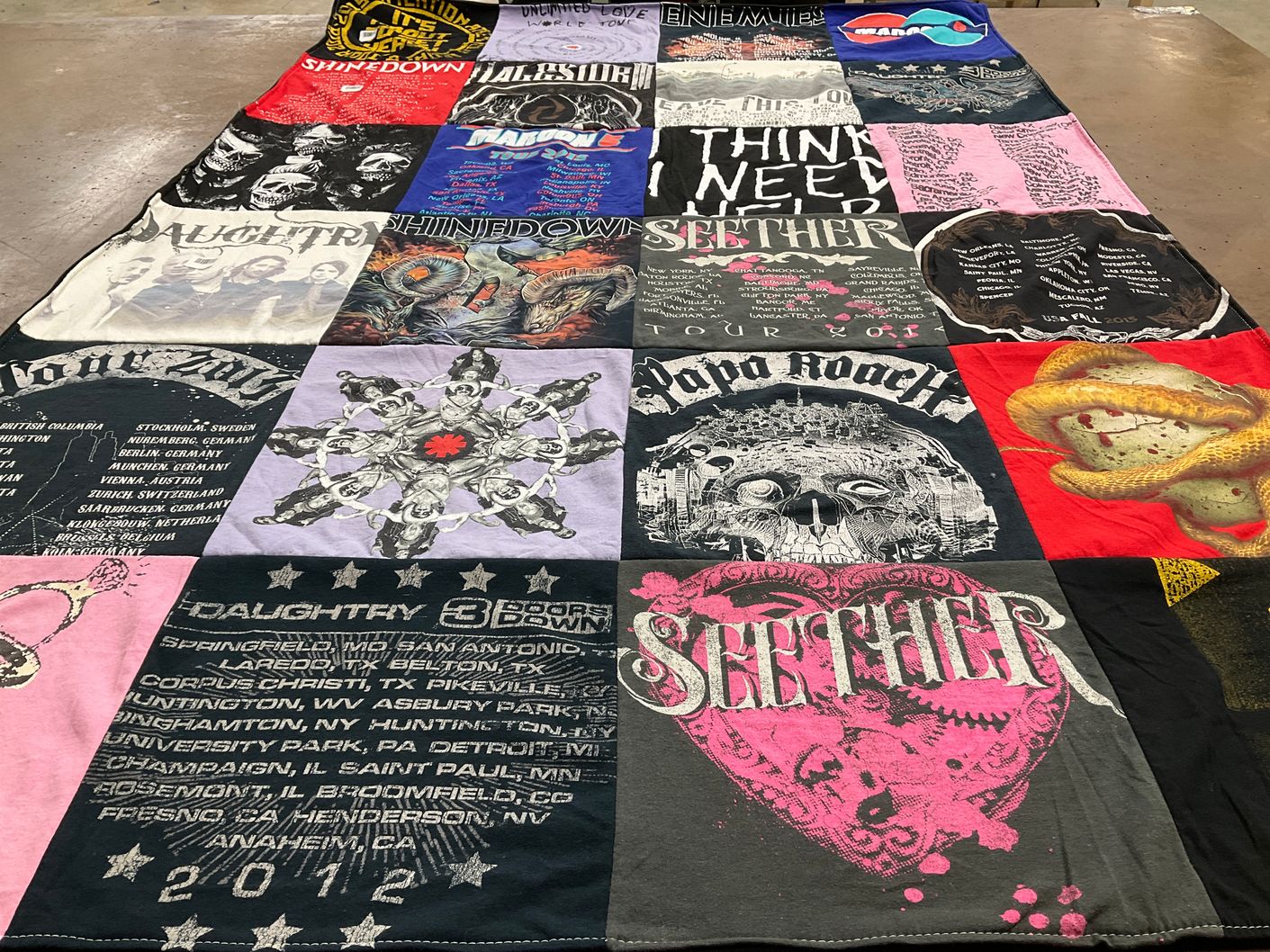 T-shirt quilt with music, rock themes by Sheila from MN