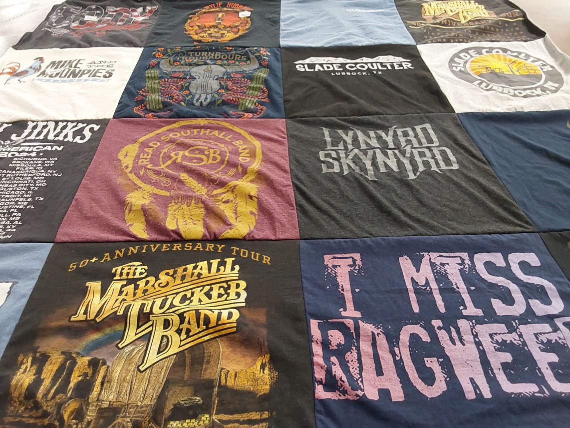 T-shirt quilt with music, bands themes by Deborah from TX