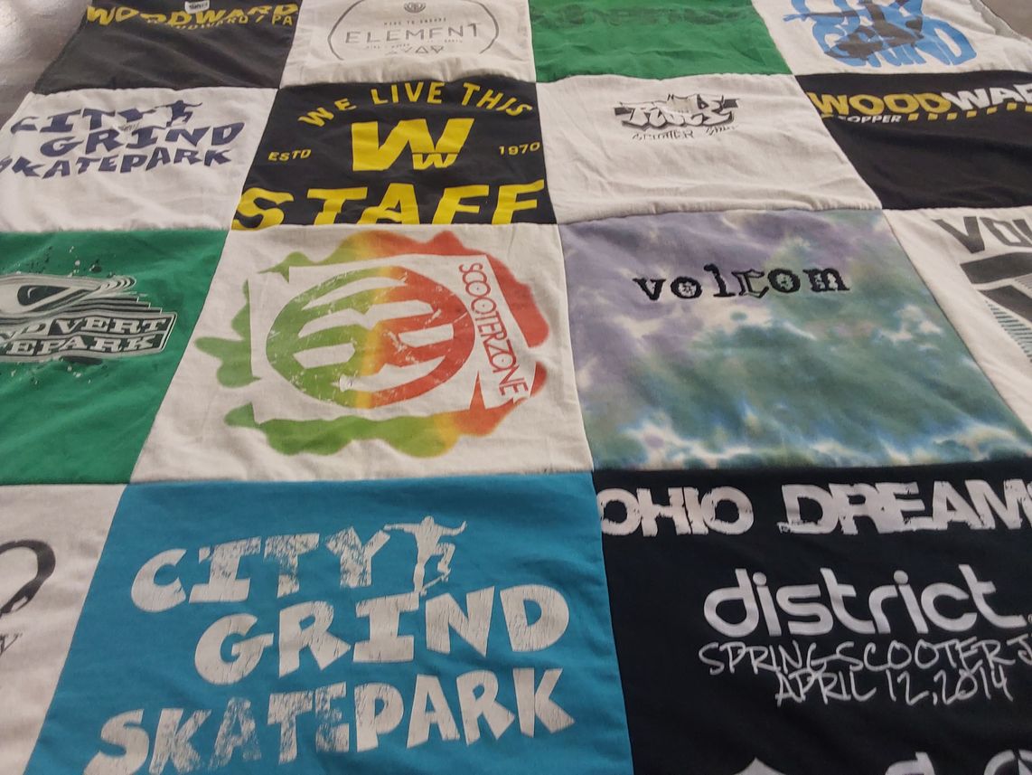 T-shirt quilt with skateboarding, scootering themes by Corinne from MI