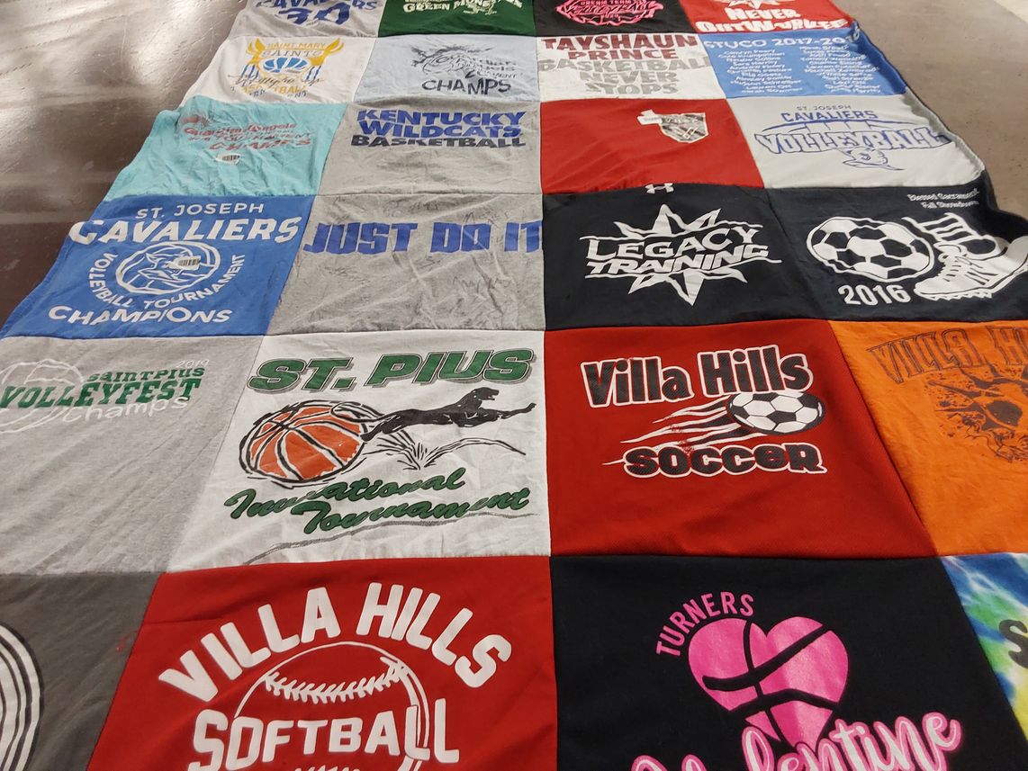 T-shirt quilt featuring st. joseph cavaliers volleyball team, st. pius x basketball team by Erin from KY