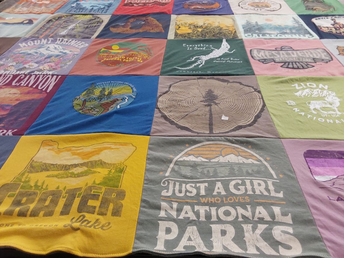 T-shirt quilt with national parks, outdoors themes by Cara from KS