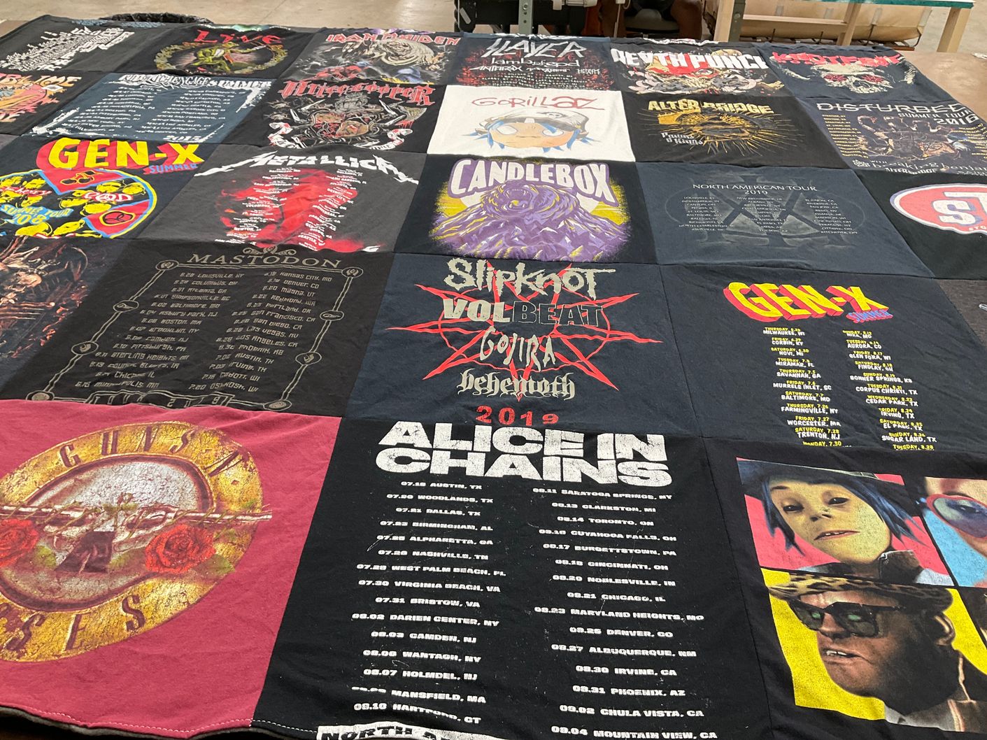 T-shirt quilt with music, concerts themes by Theresa from NY