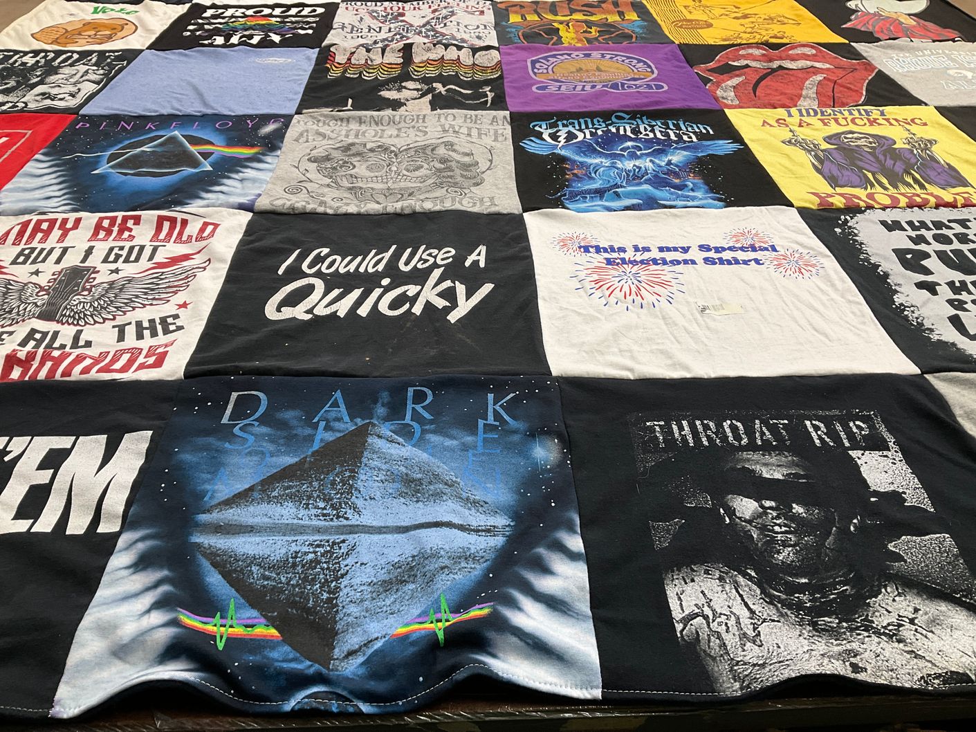 T-shirt quilt with music, rock themes by Sheryl from CA