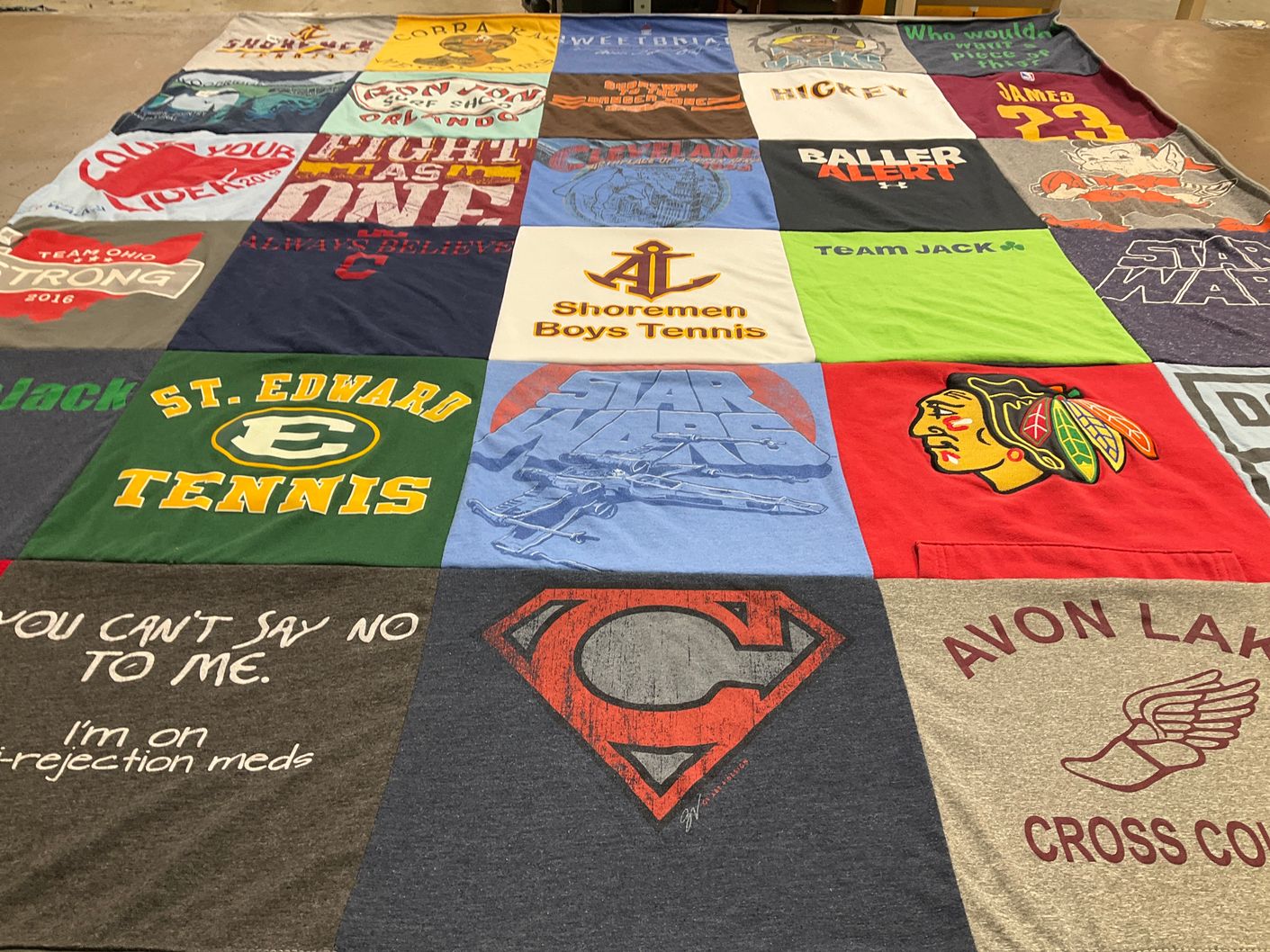 T-shirt quilt featuring shoremen boys tennis, avon lake cross country by Tiffany from OH