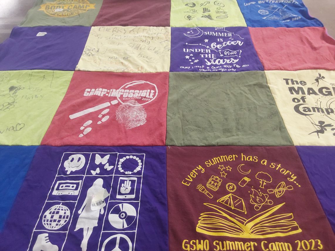 T-shirt quilt with camping, outdoor activities themes by Gretchen from OH