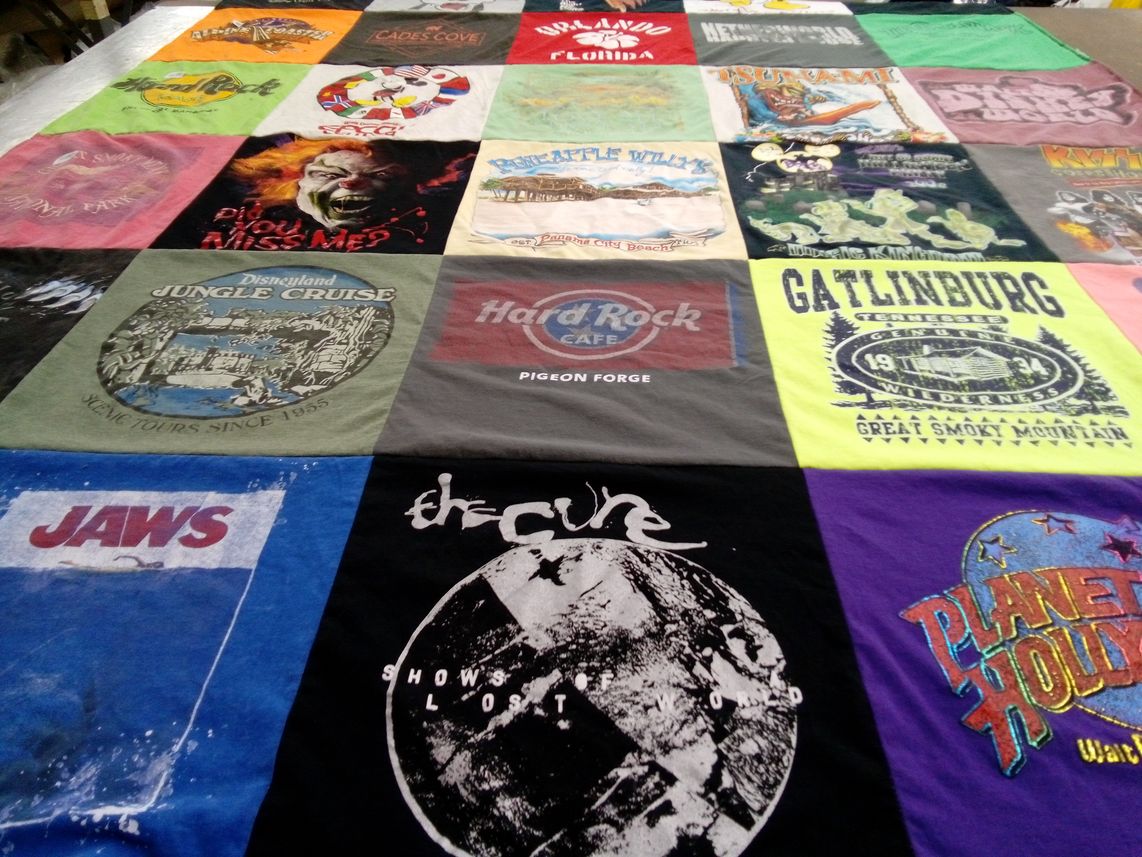 T-shirt quilt with theme parks, music themes by Joel from GA