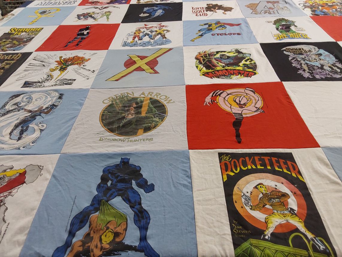 T-shirt quilt with comic books, superheroes themes by Valerie from MA