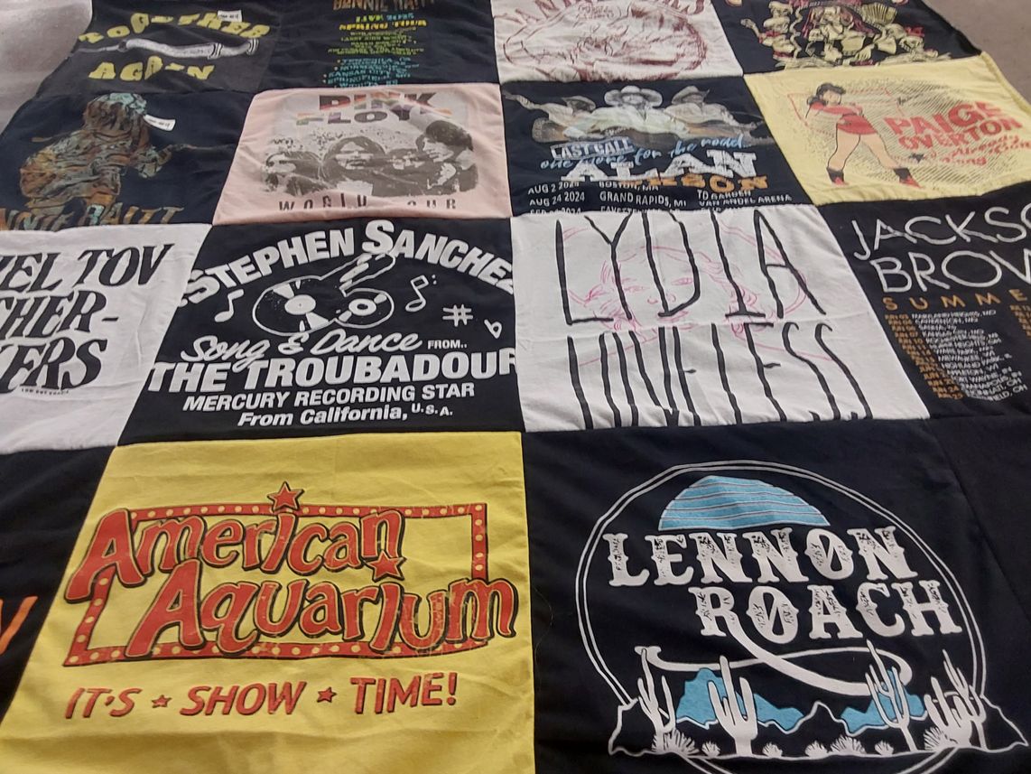 T-shirt quilt with music, concerts themes by Julie from FL