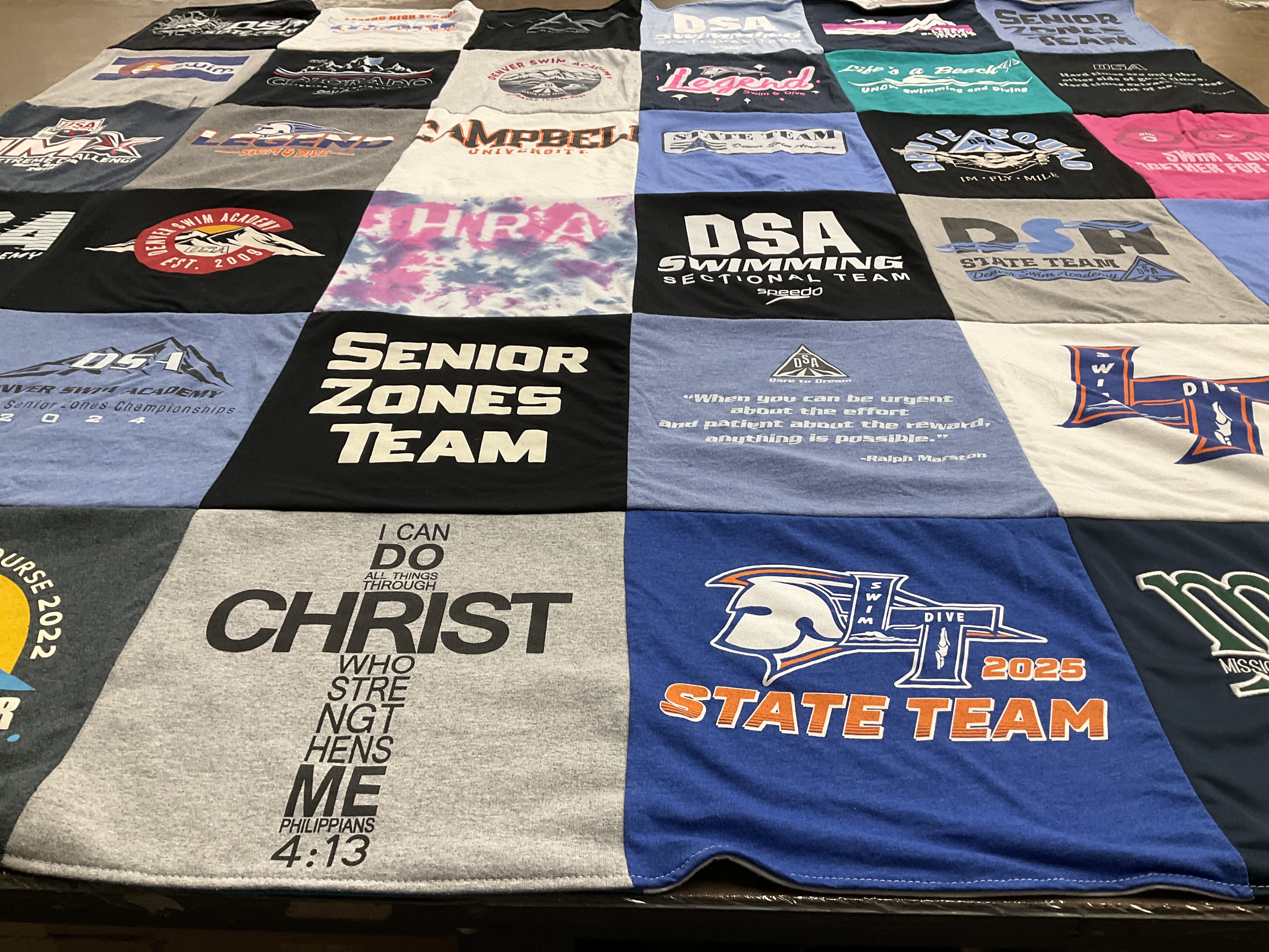 T-shirt quilt with swimming, sports themes by Michael from CO
