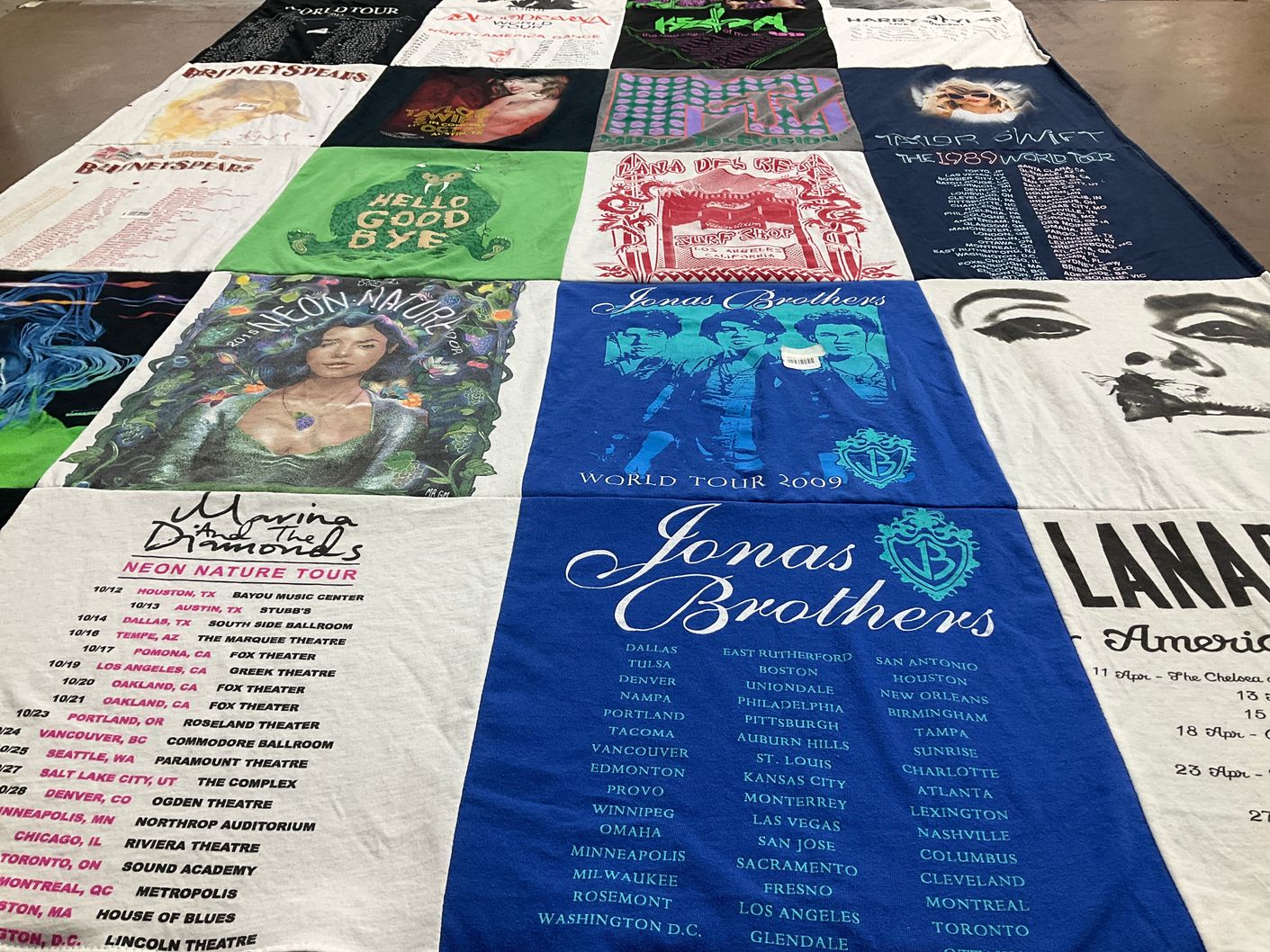 T-shirt quilt with music, concerts themes by Sarah from TX