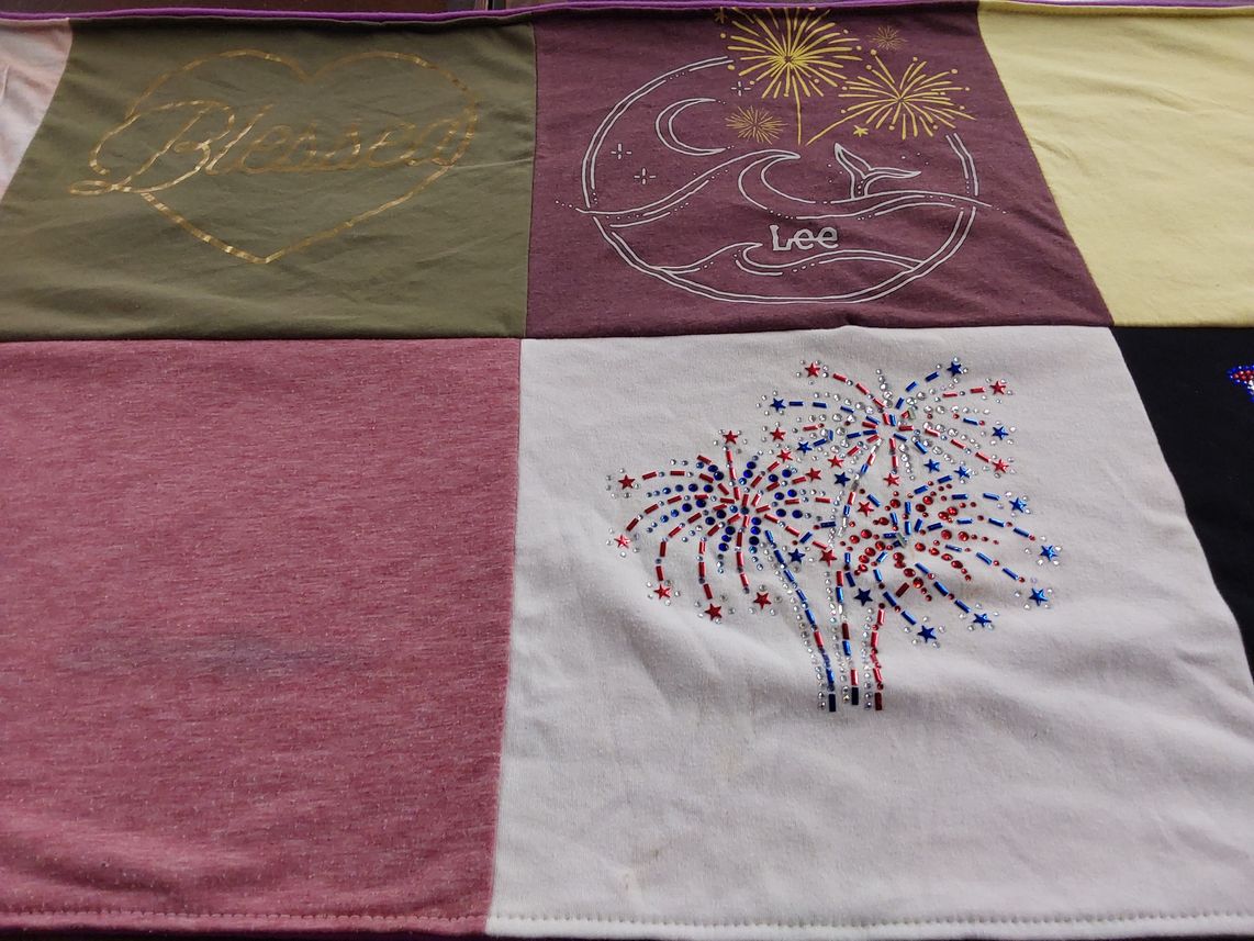 T-shirt quilt with fireworks themes by Vikki from OH