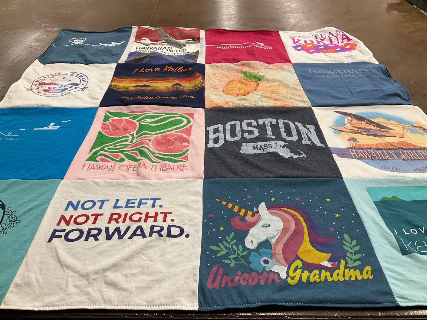 T-shirt quilt with hawaii, surfing themes by LESLIE from HI