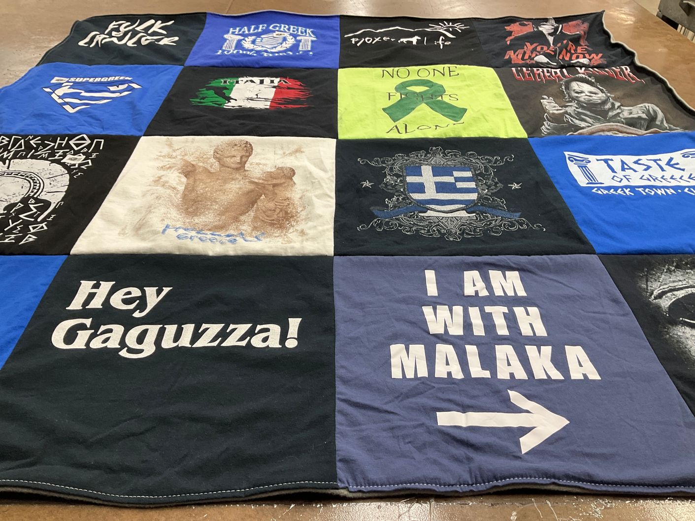 T-shirt quilt with greek culture, italian culture themes by Carla from IL