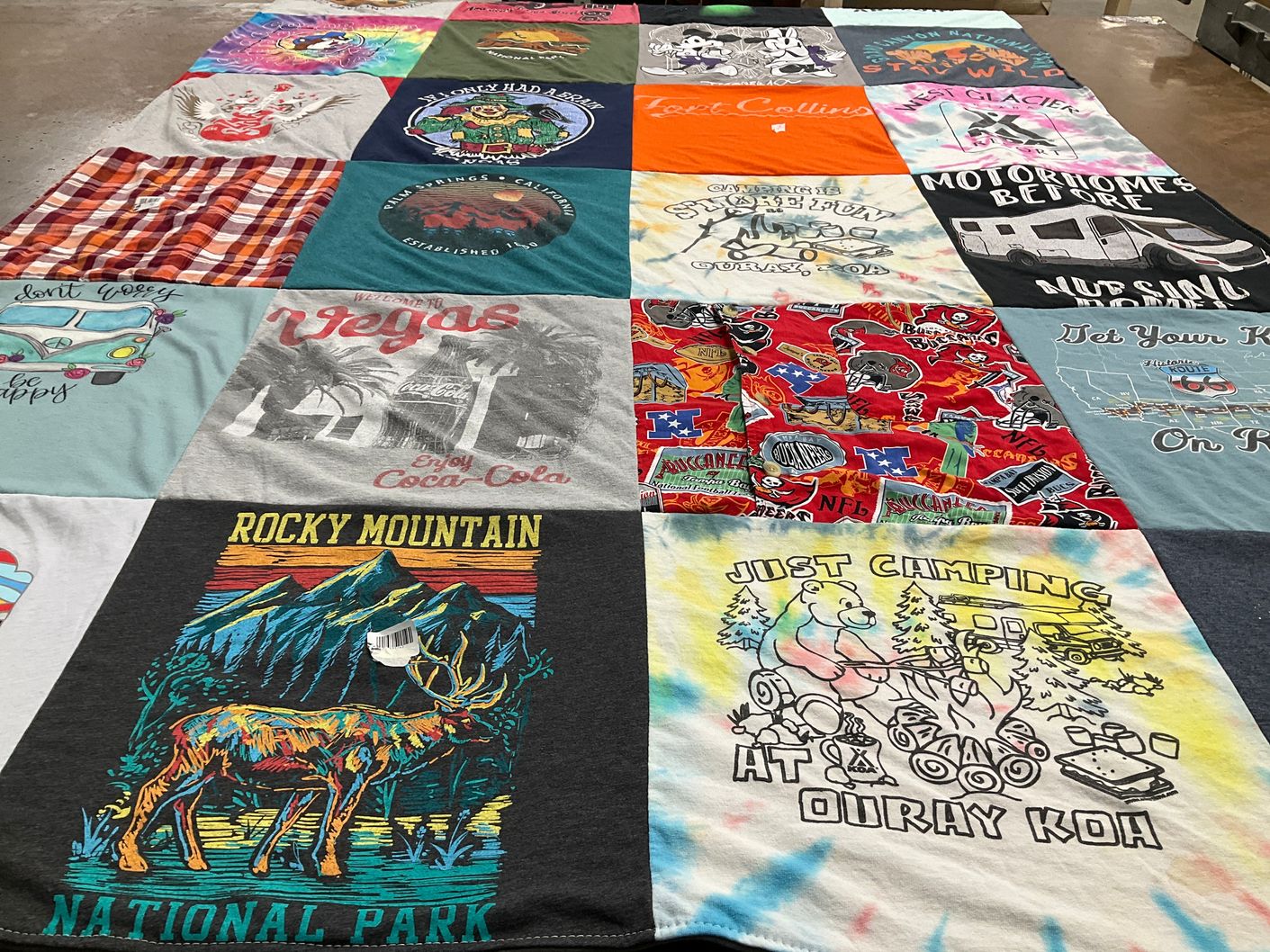 T-shirt quilt with camping, traveling themes by Shonda from MO