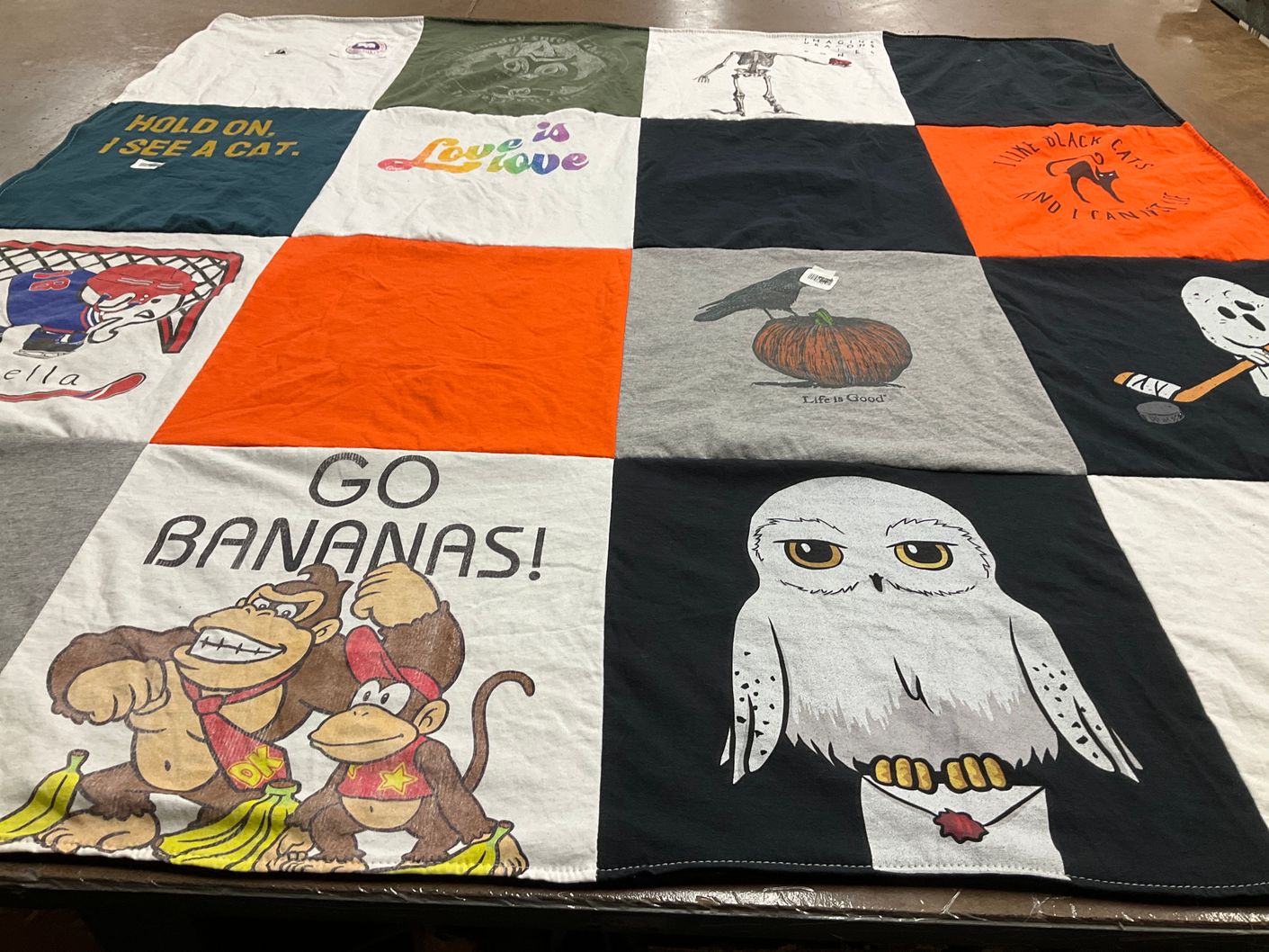 T-shirt quilt with cats, halloween themes by Sean from PA