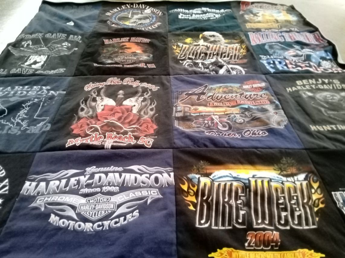 T-shirt quilt with motorcycles, biker culture themes by Sonya from KY