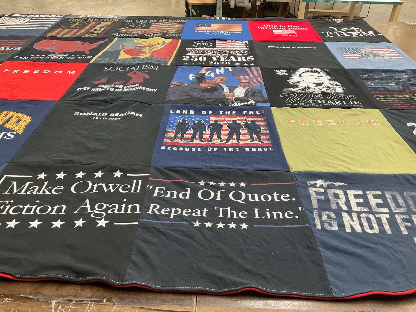 T-shirt quilt with politics, history themes by Mary from CA