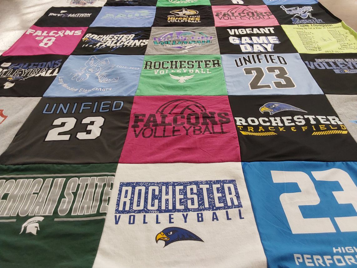 T-shirt quilt featuring rochester falcons volleyball, rochester falcons track and field by Karie from MI