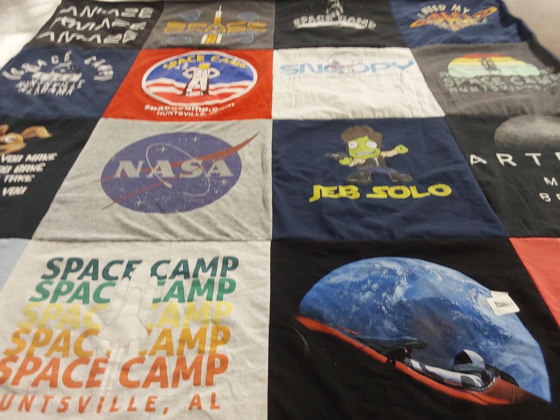 T-shirt quilt with space exploration, science fiction themes by Jessica from CO