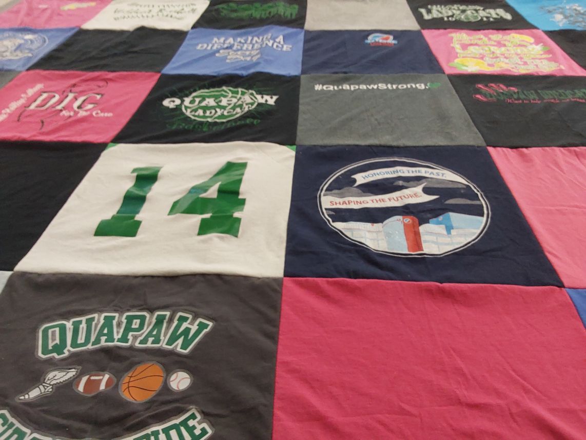 T-shirt quilt featuring quapaw ladycats by Pauline from OK
