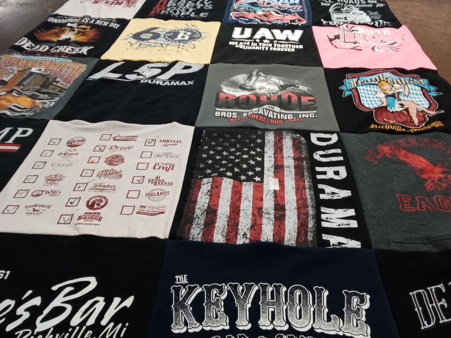 T-shirt quilt with automotive, local history themes by Joni from MI