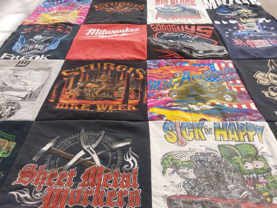 T-shirt quilt with motorcycles, automobiles themes by Susan from IA