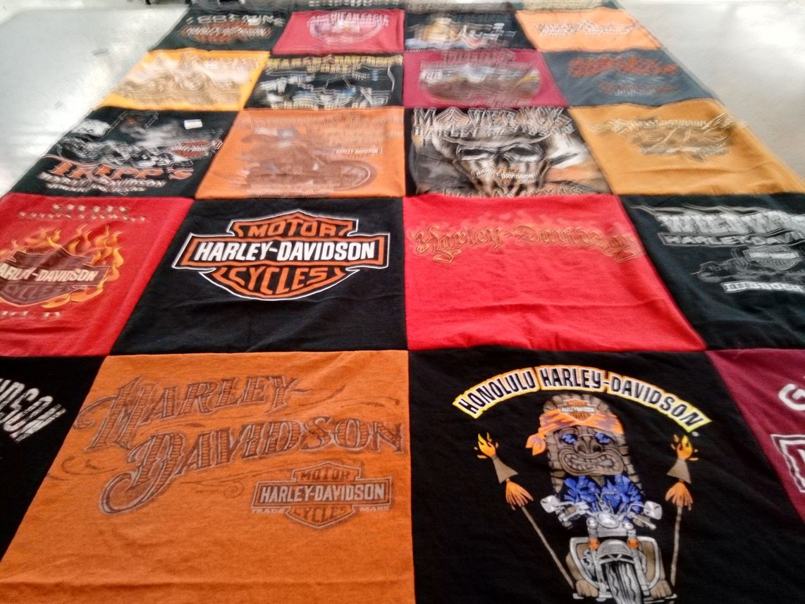 T-shirt quilt with motorcycles, biking themes by Cheryl from TX