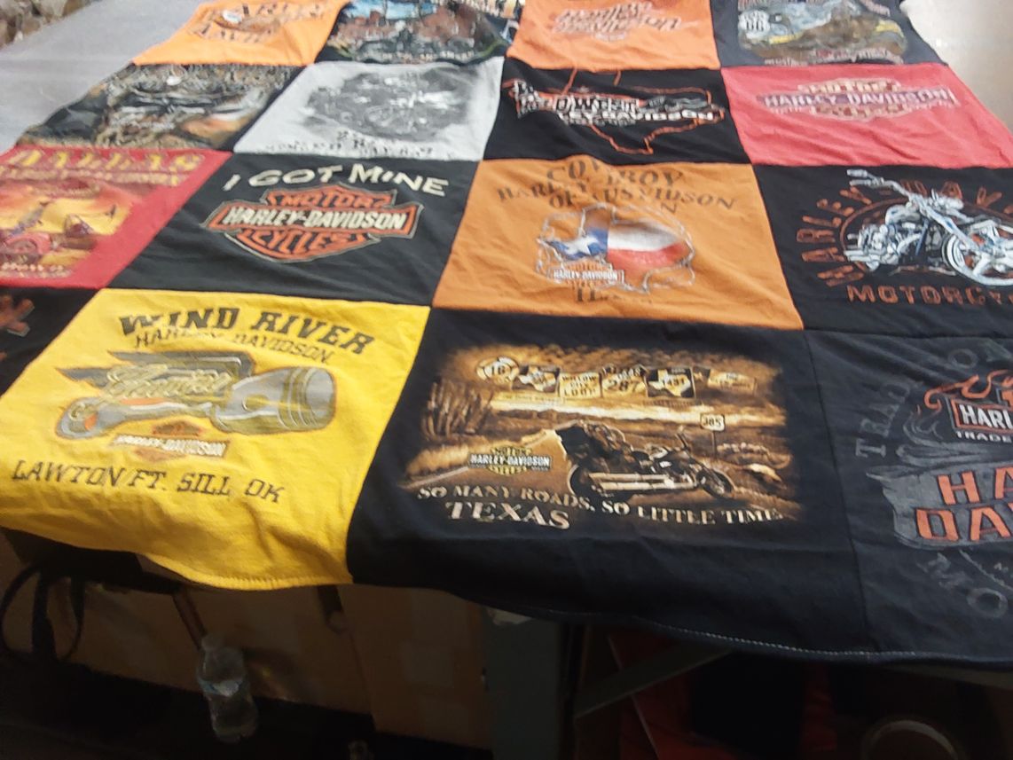 T-shirt quilt with motorcycles, harley davidson themes by Cheryl from TX