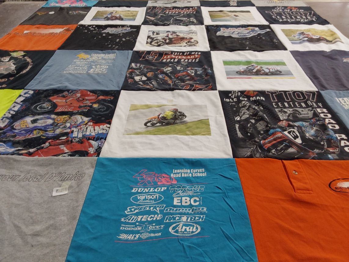 T-shirt quilt with motorcycles, racing themes by Kristy from TX