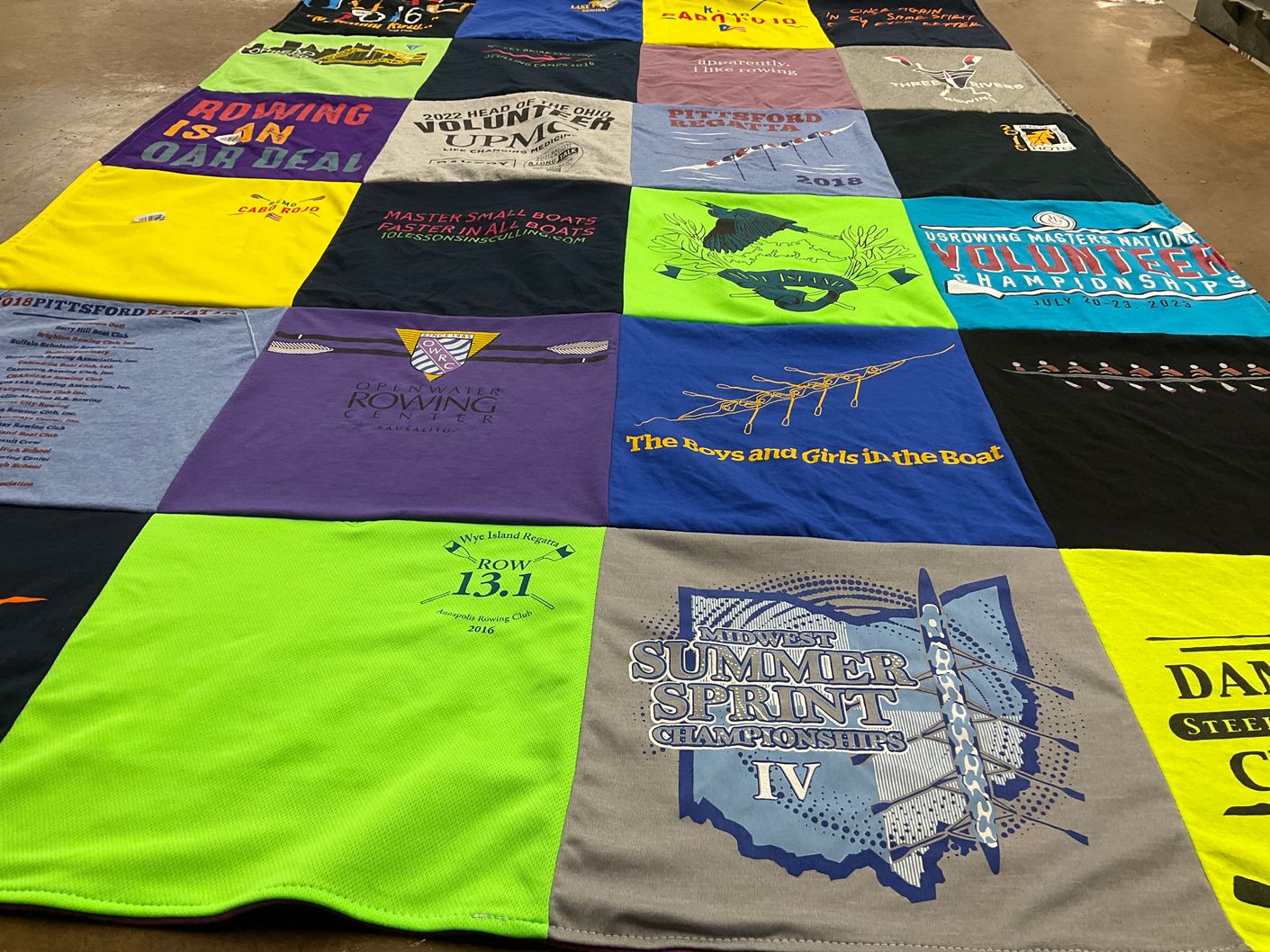 T-shirt quilt with rowing, sports themes by Deb from PA