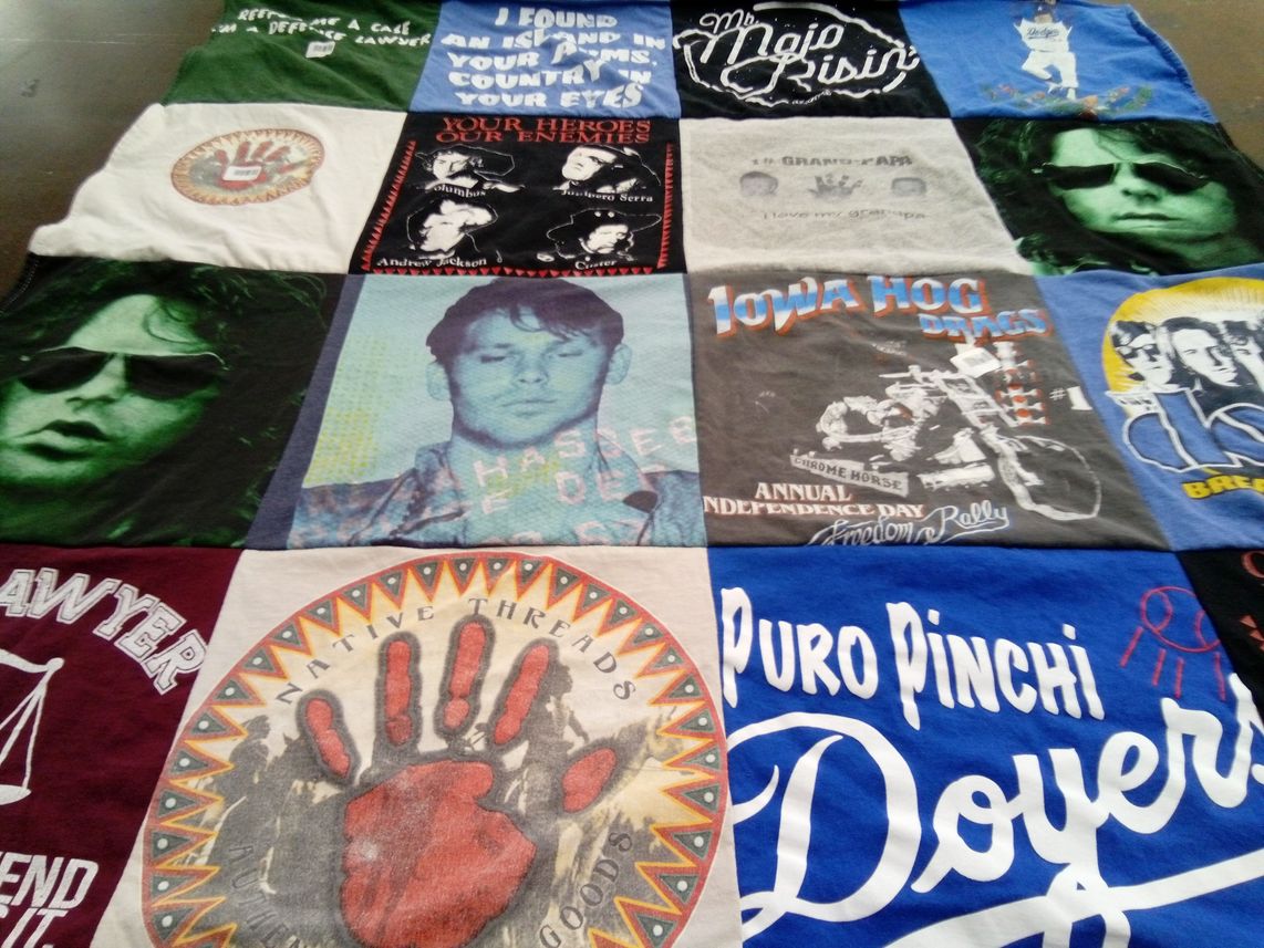 T-shirt quilt with motorcycles, law themes by John from CA