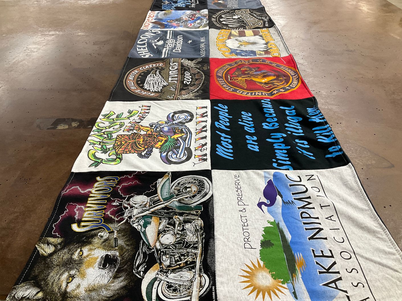 T-shirt quilt with motorcycles, outdoors themes by Laura from MA