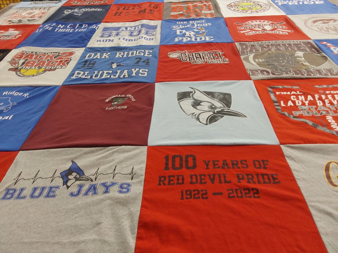 T-shirt quilt featuring blue jays, lady devils by Jamie from MO