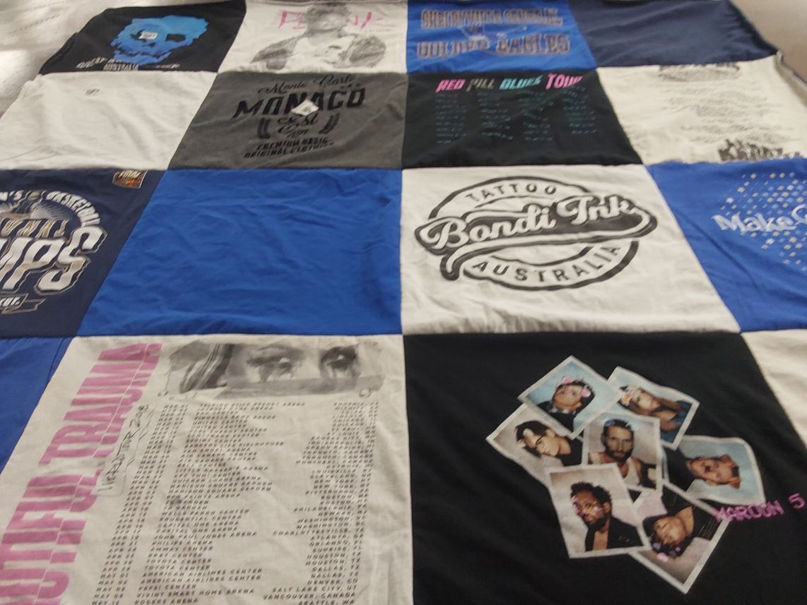 T-shirt quilt with music, tattoos themes by Leslie from AZ