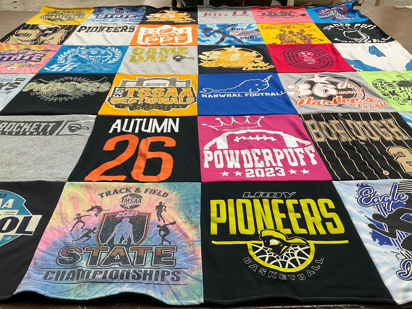 T-shirt quilt featuring pioneers basketball, pioneers volleyball by Kassandra from TN