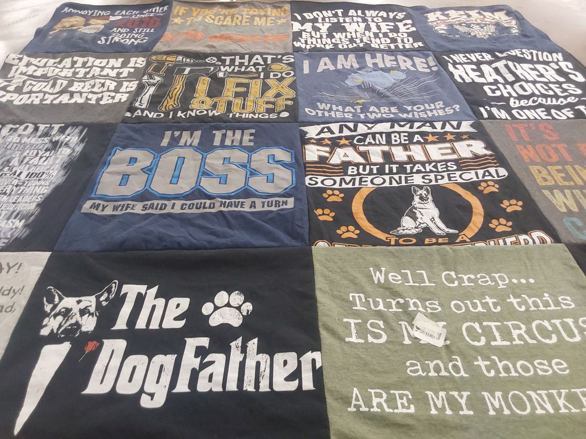 T-shirt quilt with fatherhood themes by HEATHER from NJ