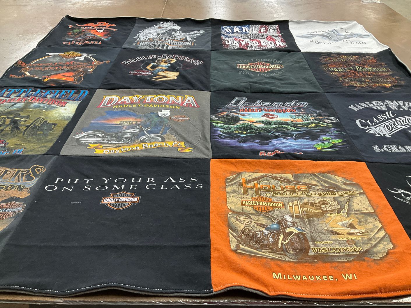 T-shirt quilt with motorcycles, biking themes by Deavon from MD