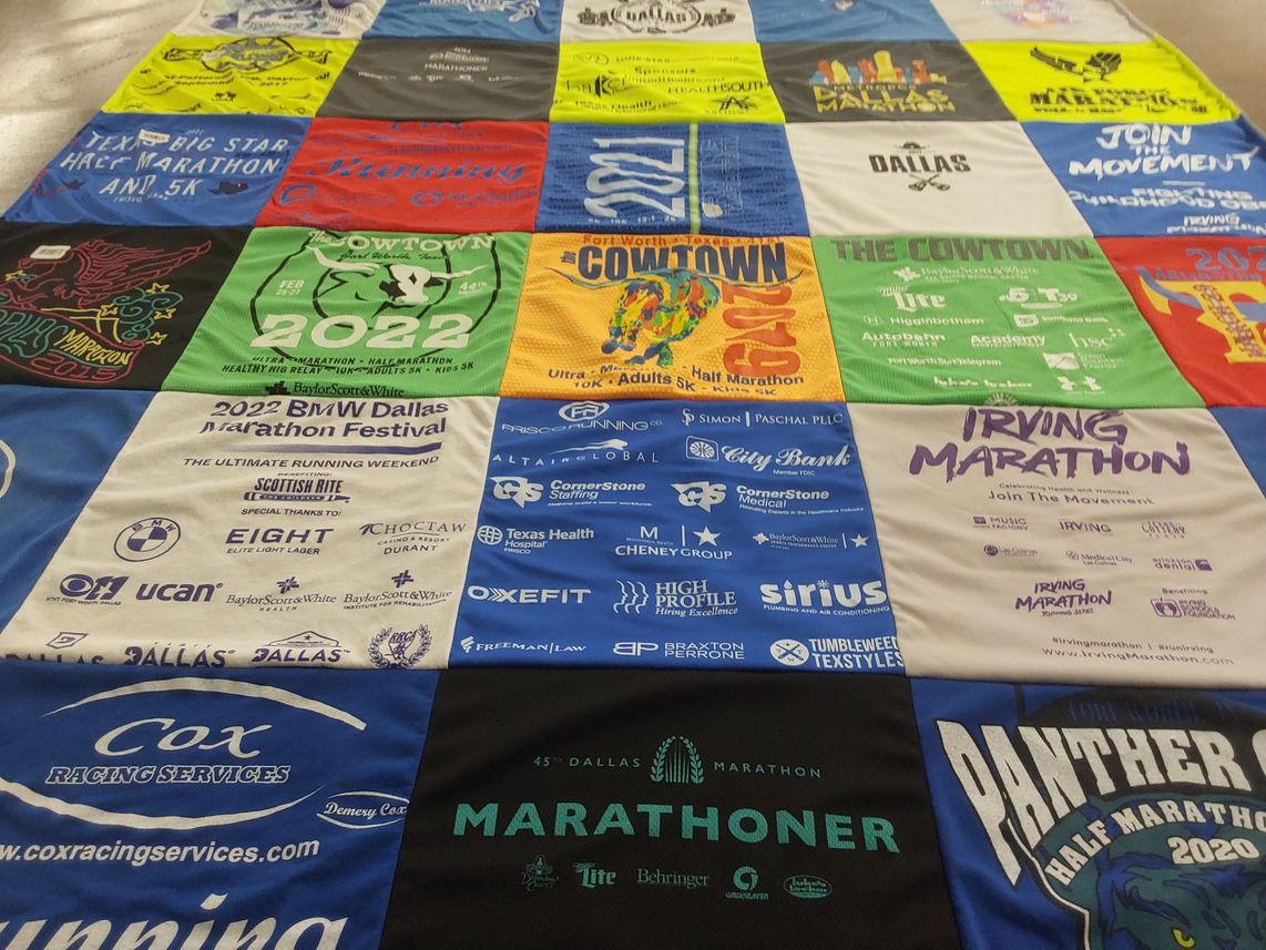 T-shirt quilt with running, marathon events themes by Steve from TX