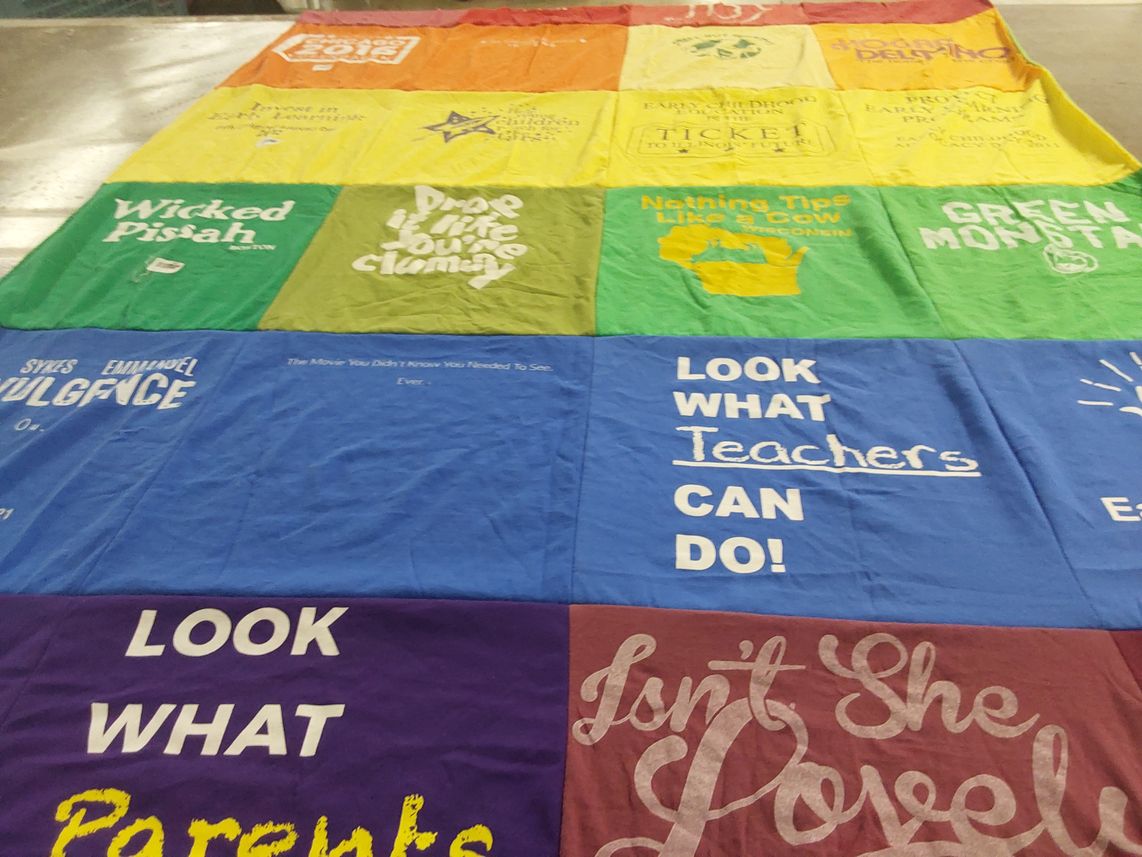 T-shirt quilt with education themes by Samantha from DC