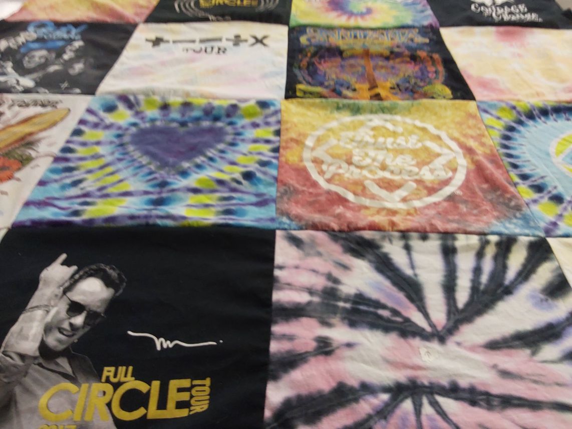 T-shirt quilt with music, tie dye themes by Sharon from FL