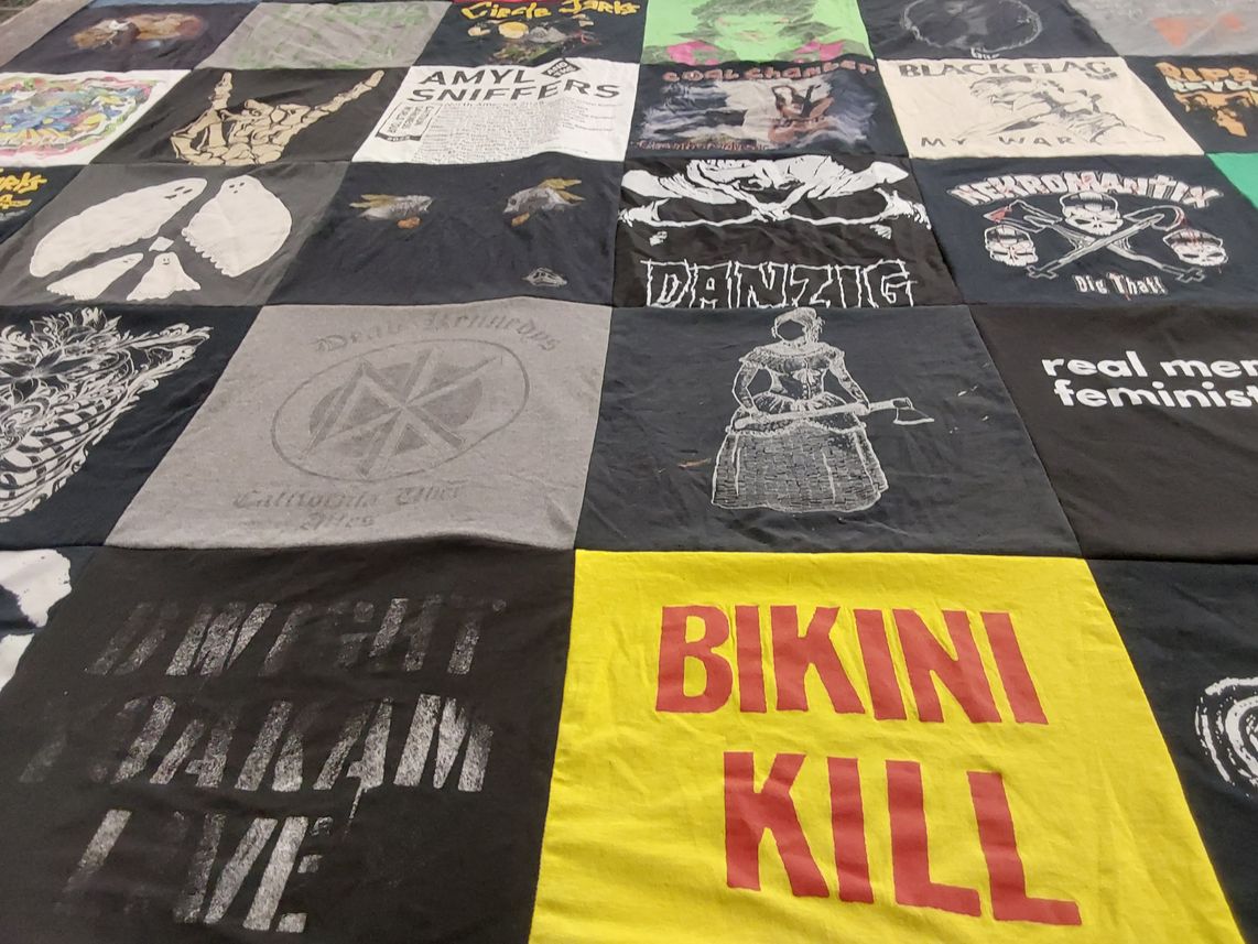 T-shirt quilt with music, punk themes by Christian from TX