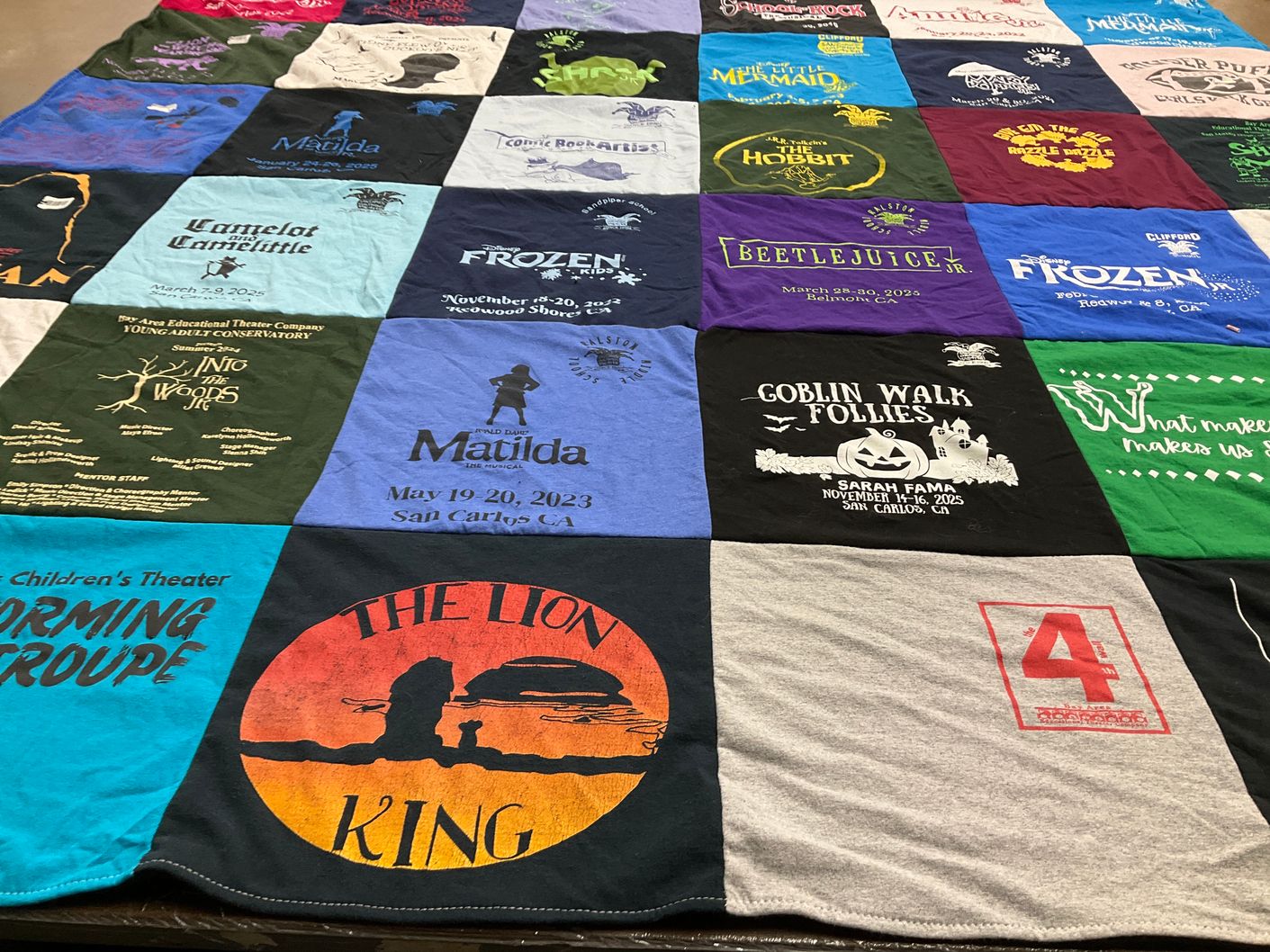 T-shirt quilt with theater, musicals themes by Mayari from CA