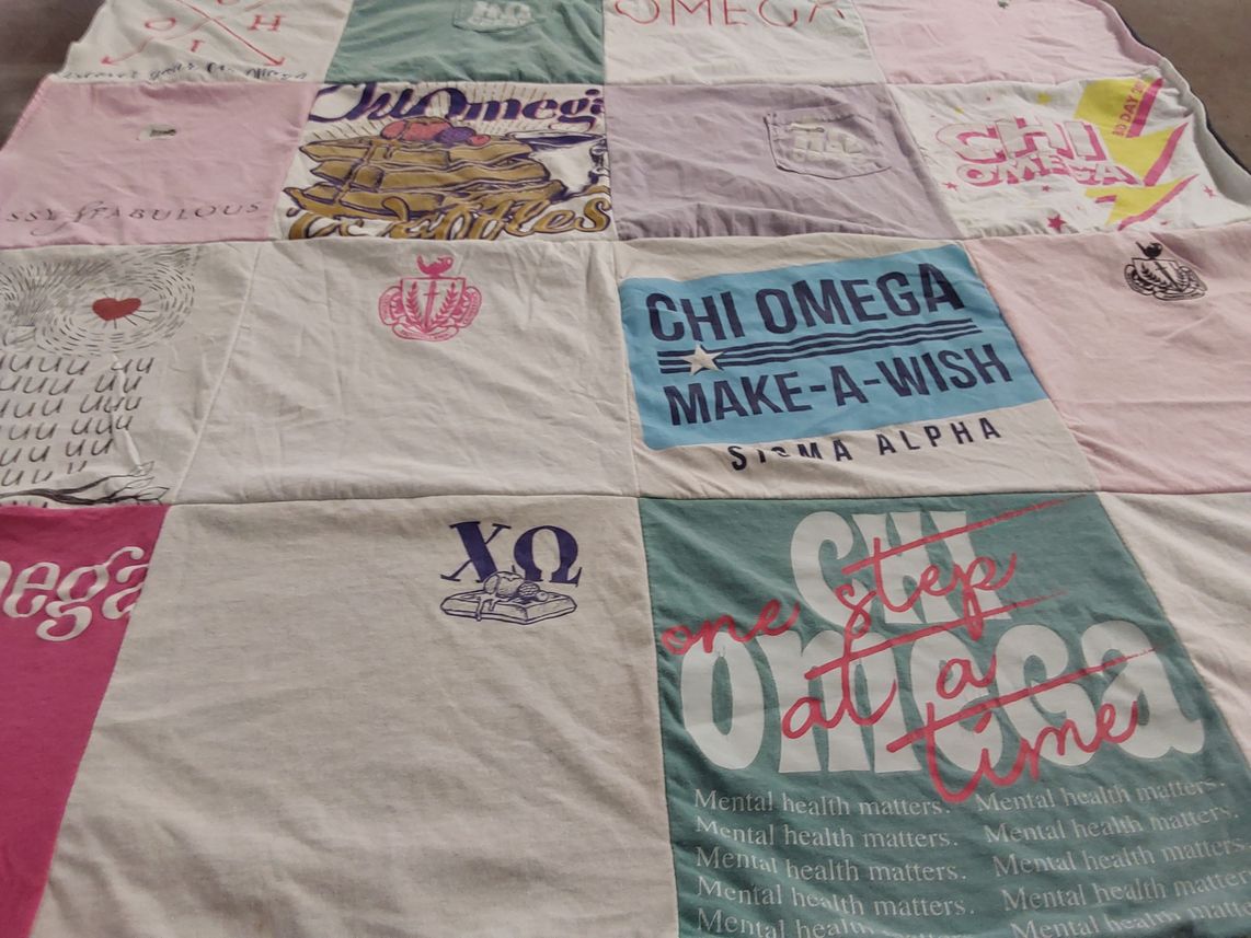 T-shirt quilt with sororities, mental health awareness themes by Madelyn from IL