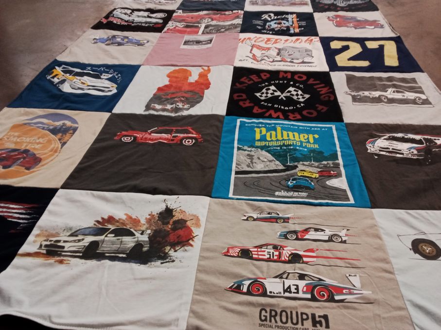 T-shirt quilt with cars, motor sports themes by Jeanne from TX